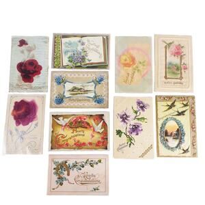 Lot 10 Antique Early 1900s Congratulations Greeting Cards Postcards Velvet Flora
